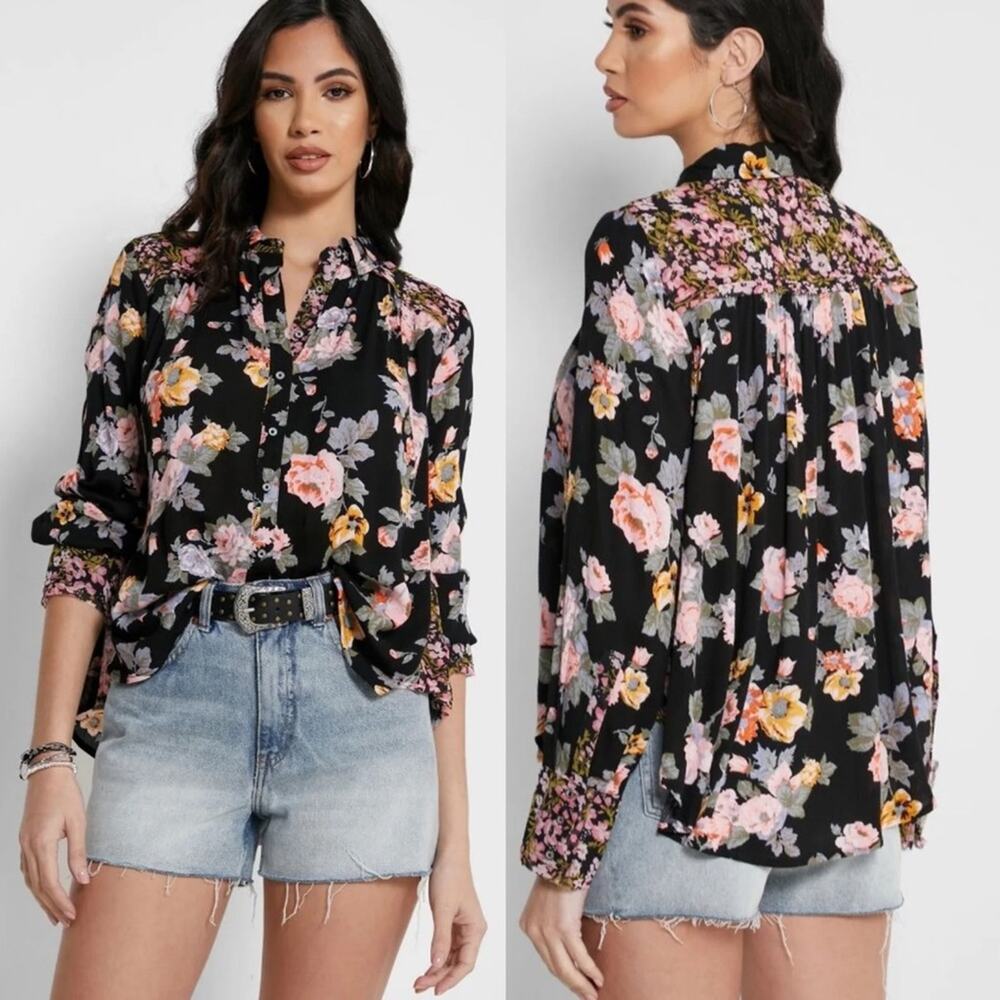 Free People Hold On TO Me Floral button up Blouse Boho Size S